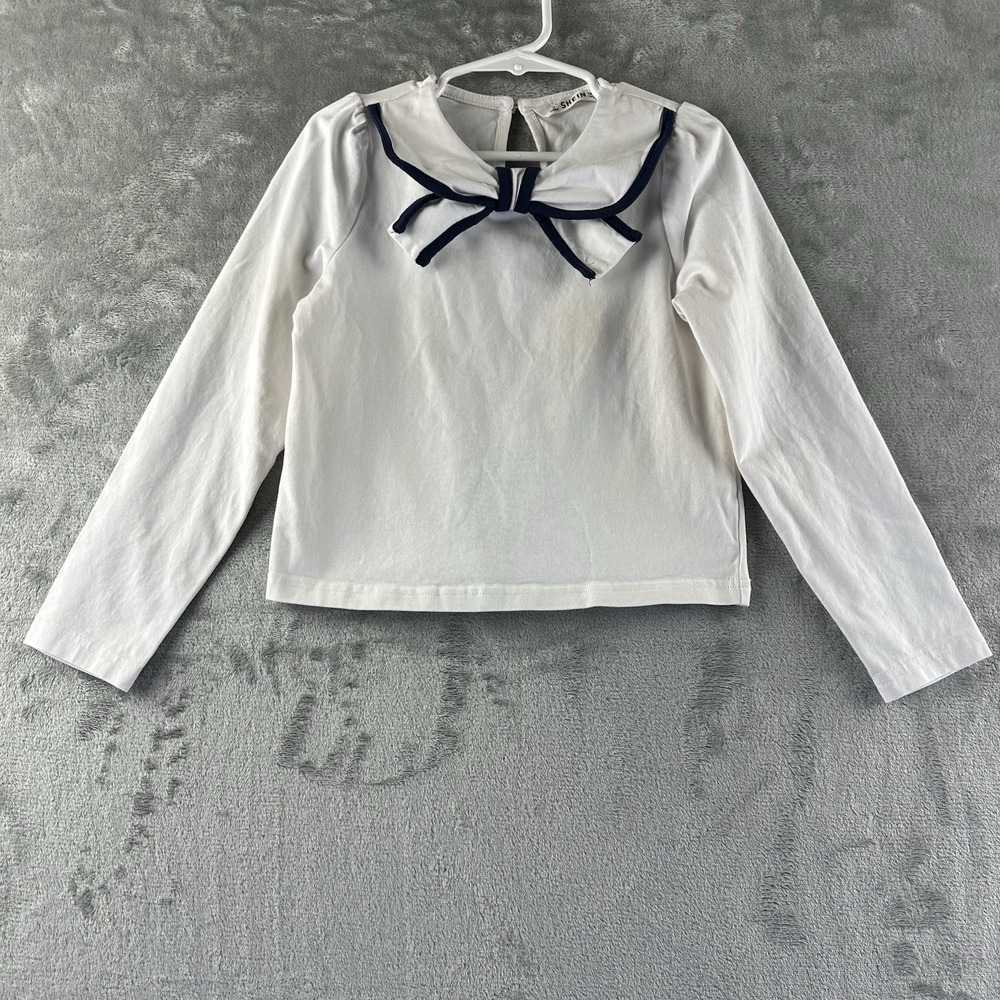 Shein Top Girls' 5-6 White Long Sleeve Blue Detail Sailor